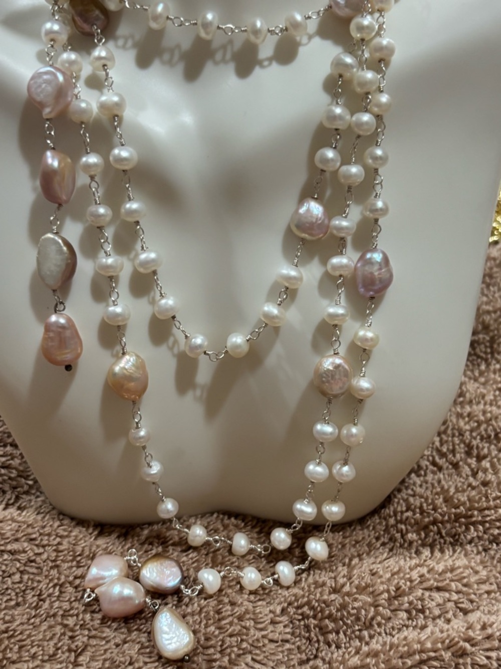 Freshwater real Pearl Multi-Strand Necklace - White & Pink Luster